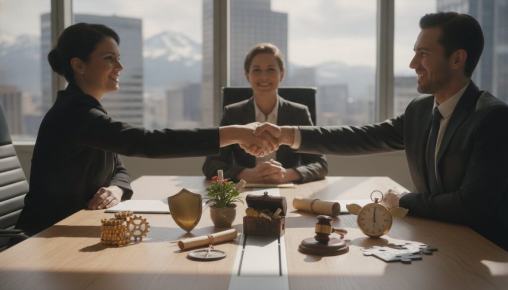 Two professionals shake hands across a conference table as a smiling colleague looks on in a bright city office; desk features a plant, clock, and various decorative items at the center.