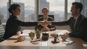 benefits-of-mediation-for-businesses-7-key-advantages-1783860849 - coloradomediationservices.com - coloradomediationservices.com Two professionals shake hands across a conference table as a smiling colleague looks on in a bright city office; desk features a plant, clock, and various decorative items at the center.