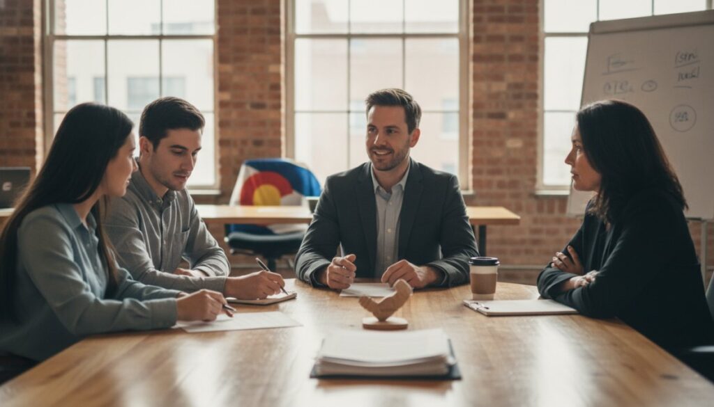 Four professionals sit around a wooden conference table in a bright brick-walled office, discussing documents.