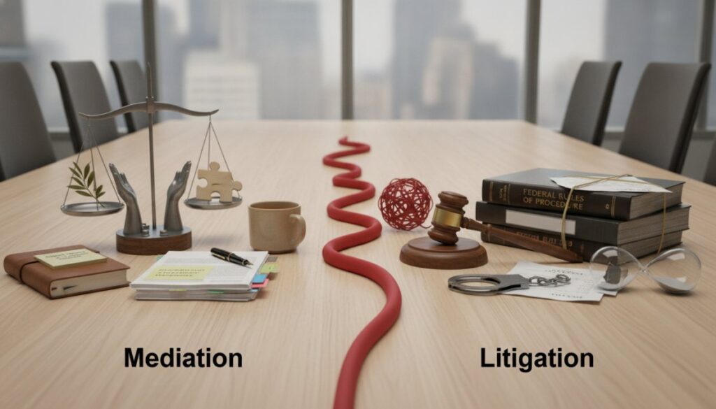 Left side shows a mediation setup with balance scales, notebook, and sticky notes; right side shows a litigation setup with a gavel, stacked law books, papers, and glasses; a red cord runs between them as a central divider of the table.