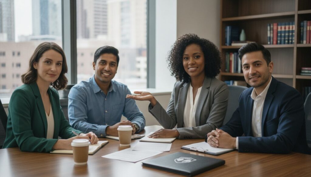 Four diverse professionals sit around a wooden conference table in a bright office, smiling during a team meeting with coffee cups and documents nearby.