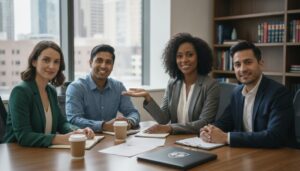 how-to-resolve-partnership-disputes-a-practical-guide-1784515542 - coloradomediationservices.com - coloradomediationservices.com Four diverse professionals sit around a wooden conference table in a bright office, smiling during a team meeting with coffee cups and documents nearby.