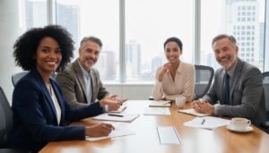 understanding-the-mediation-process-a-2026-guide-1784427104 - coloradomediationservices.com - coloradomediationservices.com Four diverse professionals sit around a wooden conference table in a bright office, smiling at the camera.