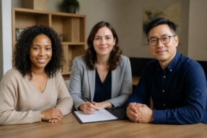 eviction-mediation-in-colorado-a-guide-for-landlords-and-tenants-1786533443 - coloradomediationservices.com - coloradomediationservices.com Three professionals sit at a wooden table in an office; the woman in the middle signs a document while the others look on.
